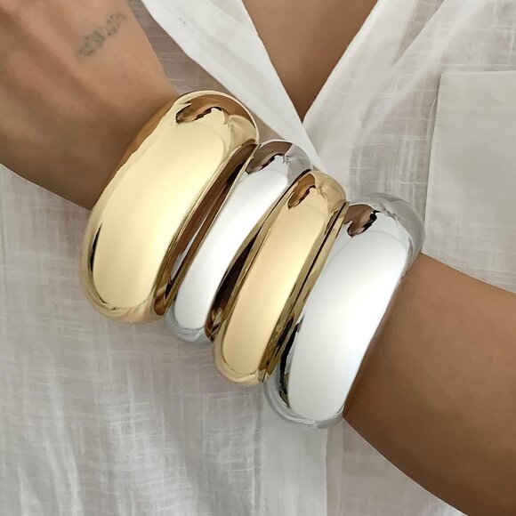 Trendy Gold+Silver Stackable Wide Bangle Bracelets for Women, Minimalist Jewelry - Picture 3 of 6